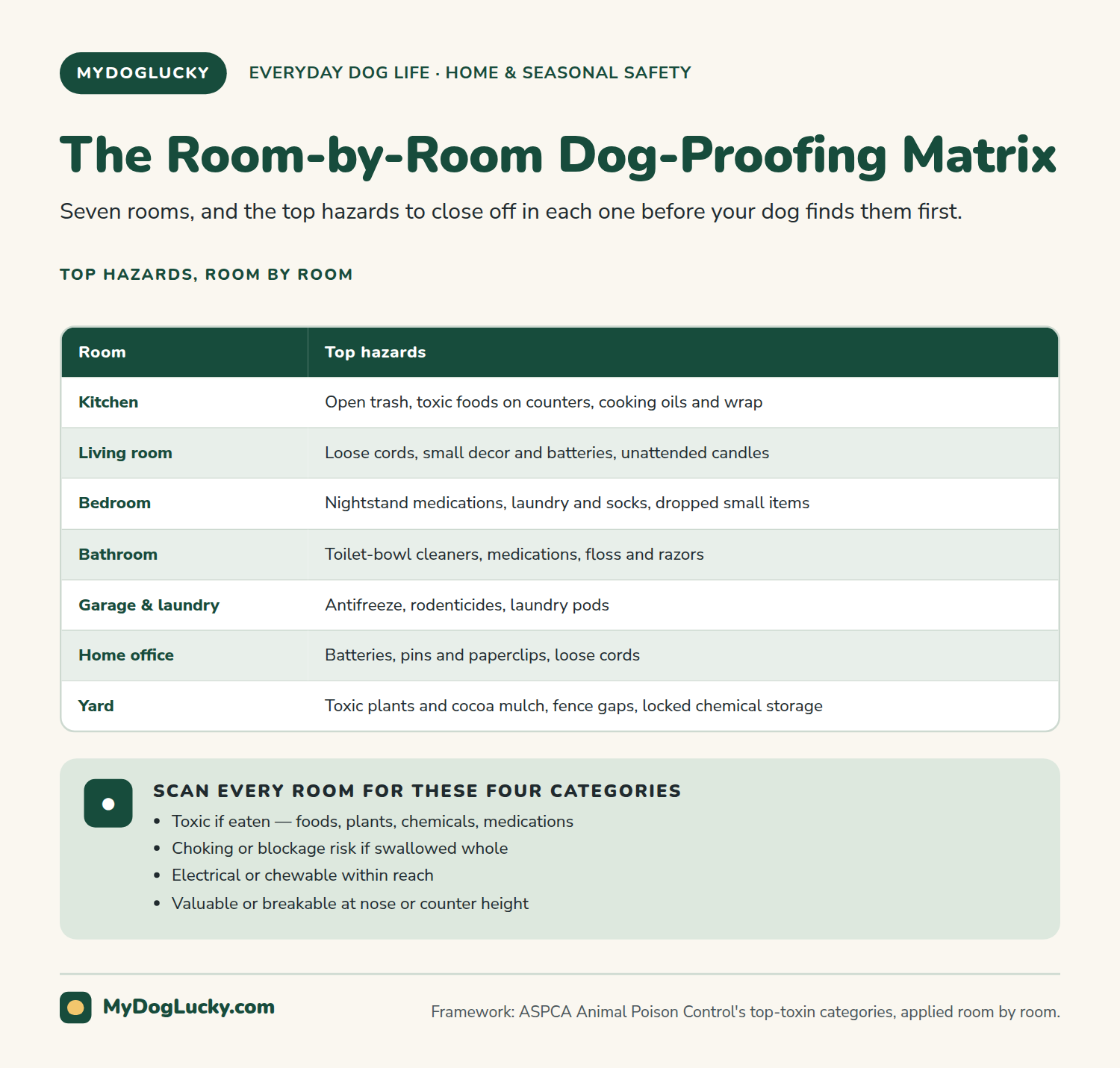 Dog-proofing your home infographic: a room-by-room dog-proofing hazard matrix. Seven rooms, kitchen, living room, bedroom, bathroom, garage and laundry, home office, and yard, each matched to its top three hazards, like toxic foods and open trash in the kitchen, or antifreeze and rodenticides in the garage; and a callout on the four hazard categories to scan for in every room, toxic if eaten, choking or blockage risk, electrical or chewable, and valuable or breakable at nose height.