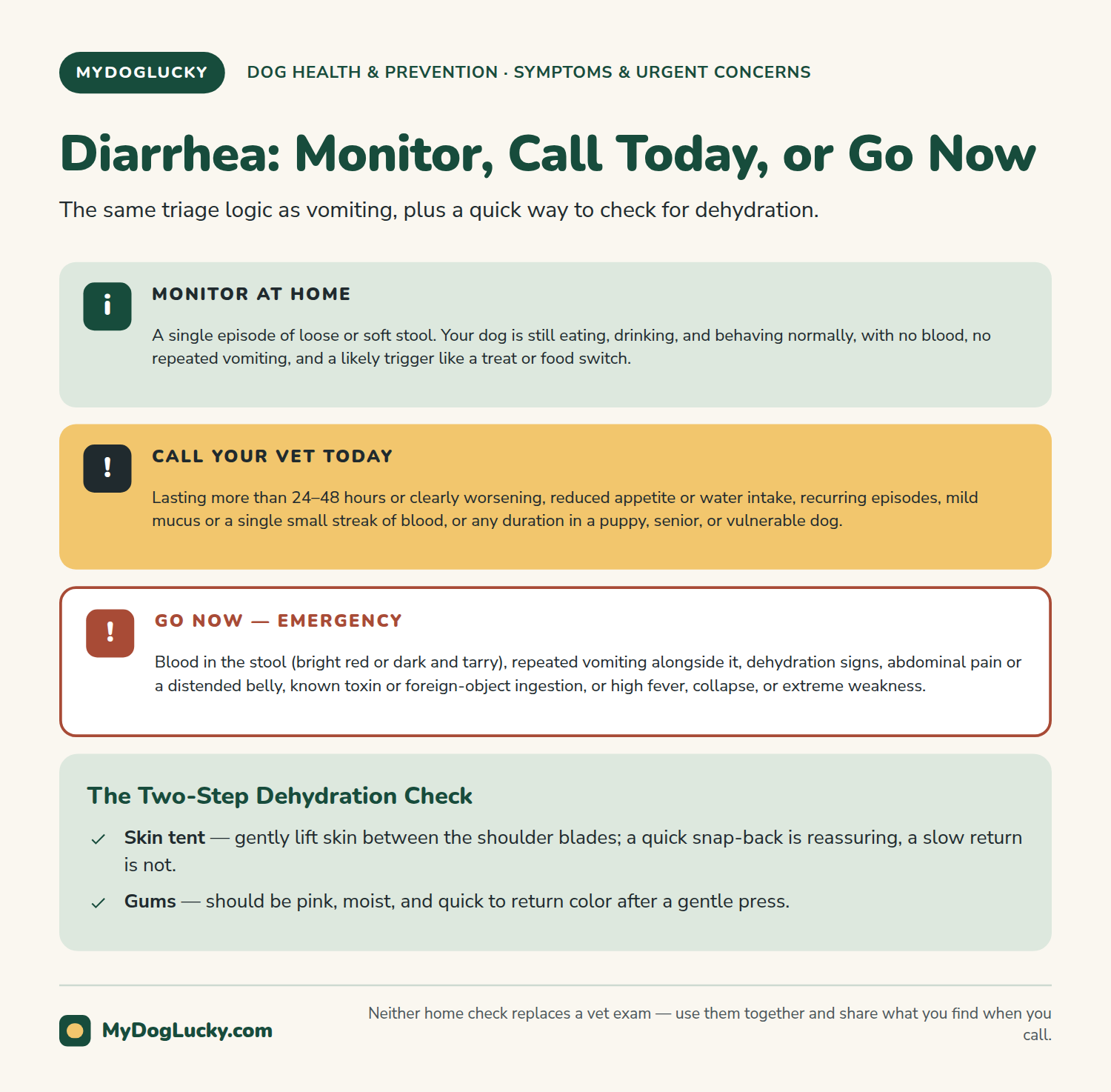 Dog diarrhea infographic showing a three-tier triage breakdown for a dog with diarrhea: monitor at home, call the vet today, or seek emergency care now, plus a simple skin-tent and gum dehydration check.
