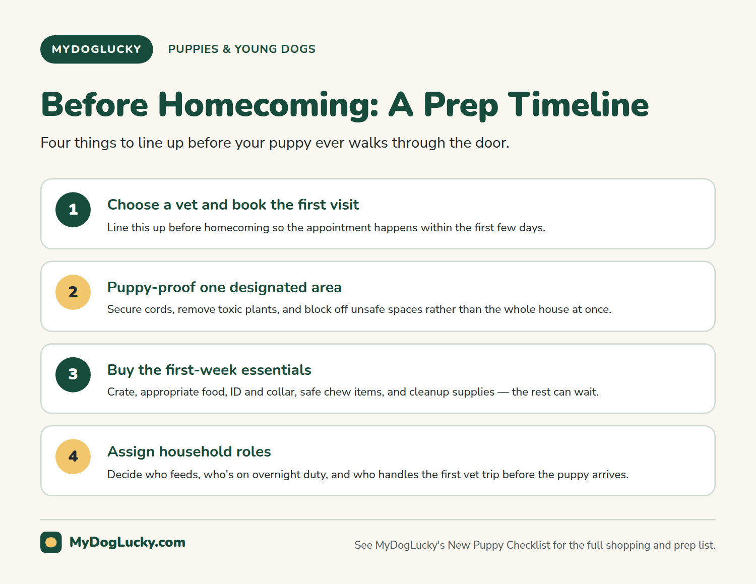 Puppy care infographic showing a four-step before-homecoming prep timeline for a new puppy: choosing a vet and booking the first visit, puppy-proofing one area, buying first-week essentials, and assigning household roles.