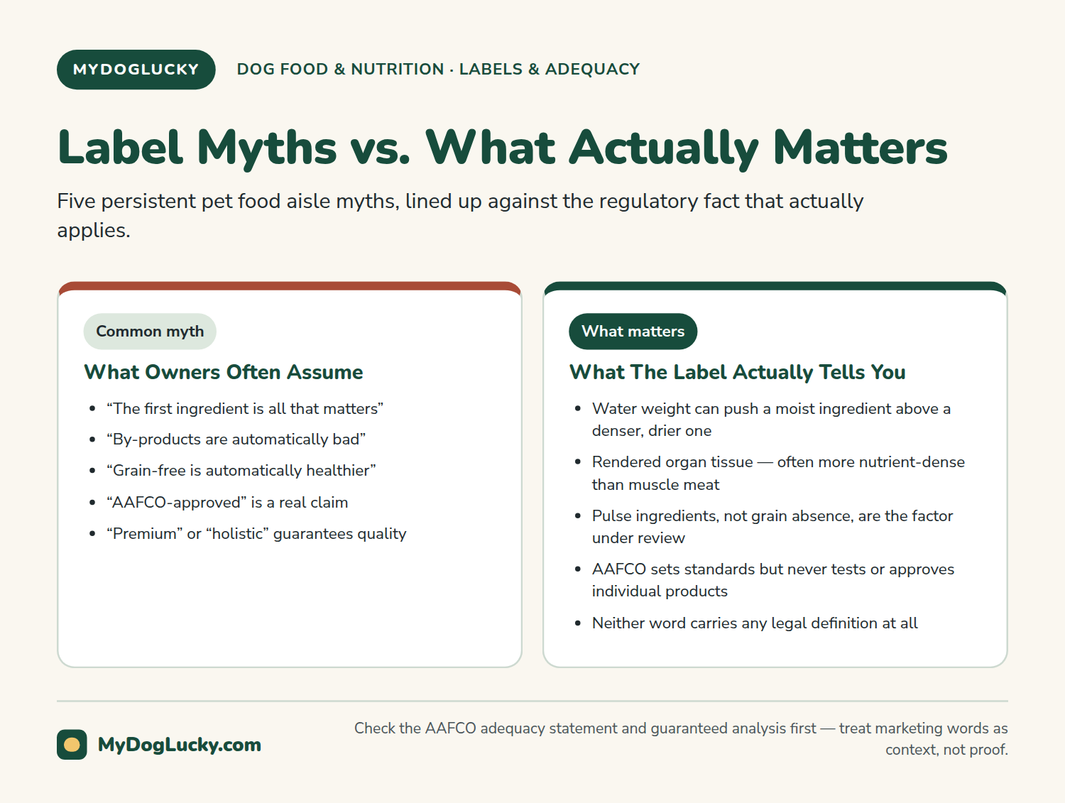 How to read dog food labels infographic contrasting common dog food label myths, such as 'the first ingredient is all that matters' and 'grain-free is automatically healthier,' against what actually matters when evaluating a label.