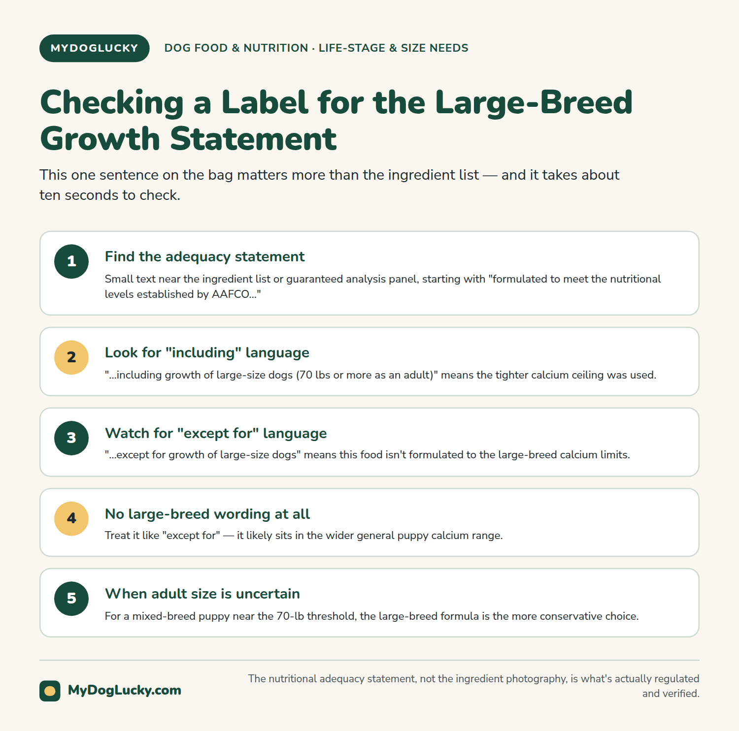 Large-breed puppy food infographic: walkthrough of how to find and interpret the AAFCO large-breed puppy growth statement on a dog food label.