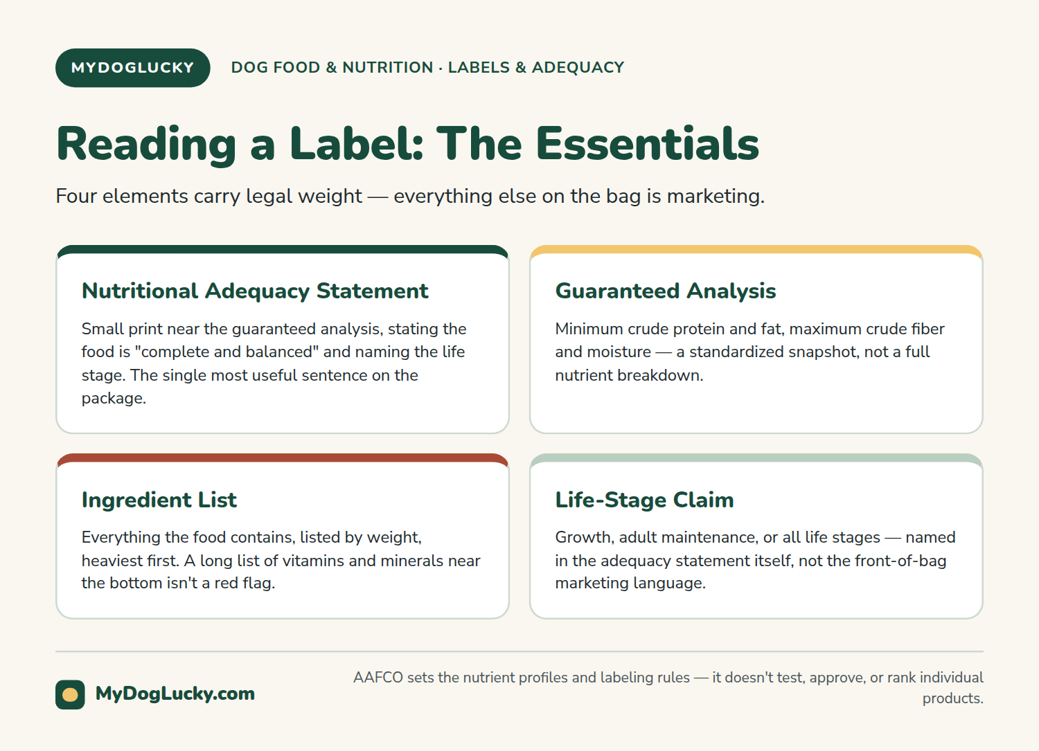 Dog nutrition infographic summarizing the essentials of reading a dog food label: the AAFCO adequacy statement, guaranteed analysis, ingredient list, and life-stage claim.