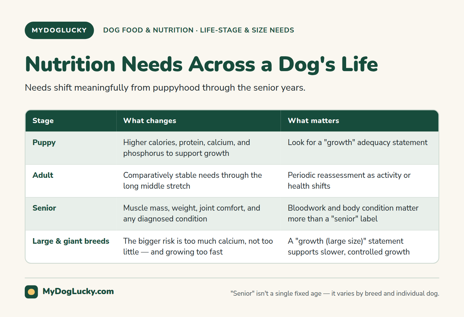 Dog nutrition infographic table showing how nutritional needs shift from puppy through adult to senior, with a note on large-breed puppy calcium management.