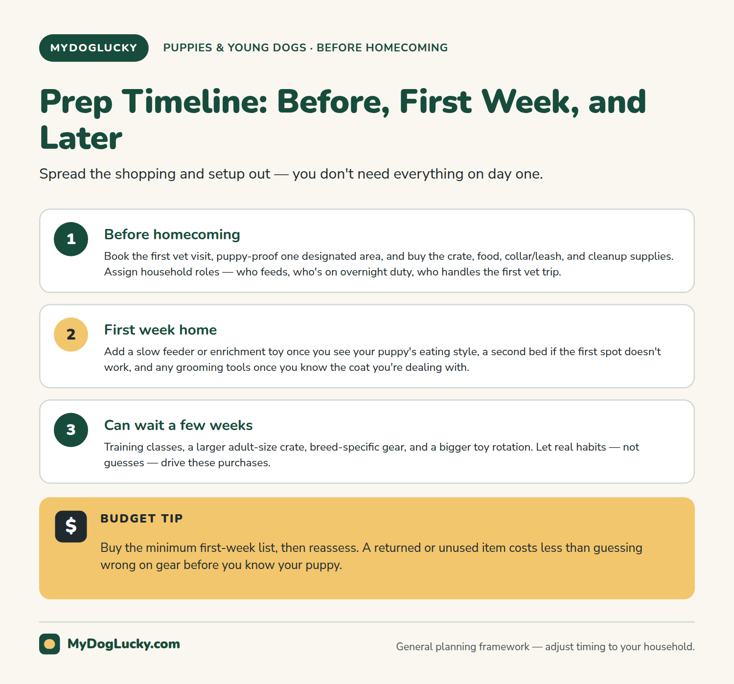 New puppy checklist infographic showing a three-stage puppy prep timeline: what to arrange before homecoming, what to add during the first week home, and what can wait a few weeks, plus a budget tip callout.