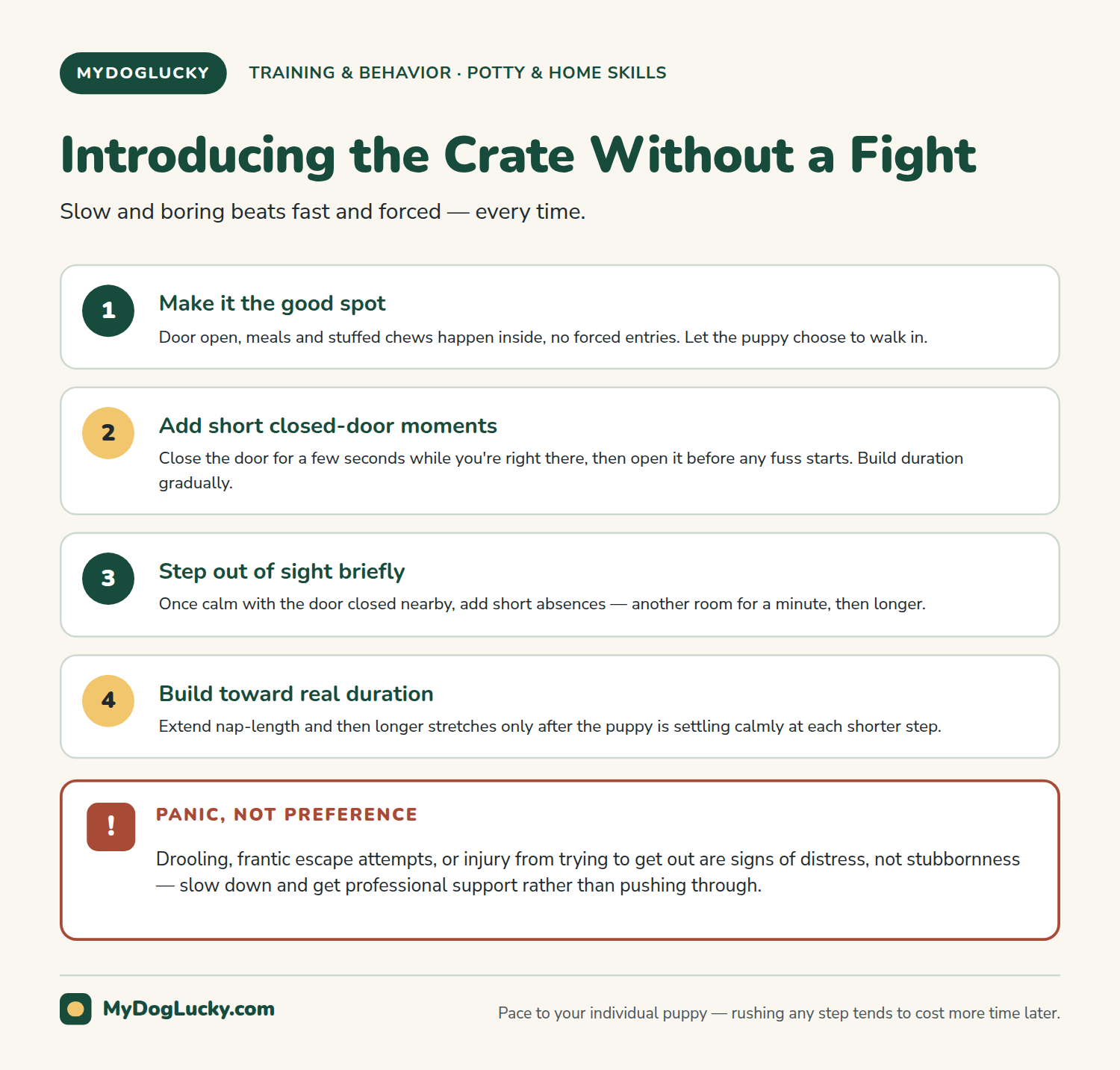 Crate training a puppy infographic showing four steps for introducing a puppy to a crate: making it the good spot, adding short closed-door moments, stepping out of sight briefly, and building toward real duration, plus a panic-versus-preference callout.