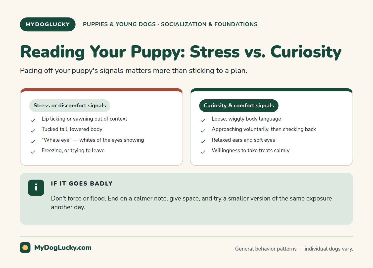 Puppy socialization checklist infographic comparing puppy stress and discomfort signals like lip licking, tucked tail, and whale eye against curiosity and comfort signals like loose body language and voluntary approach, plus a panel on what to do if an exposure goes badly.