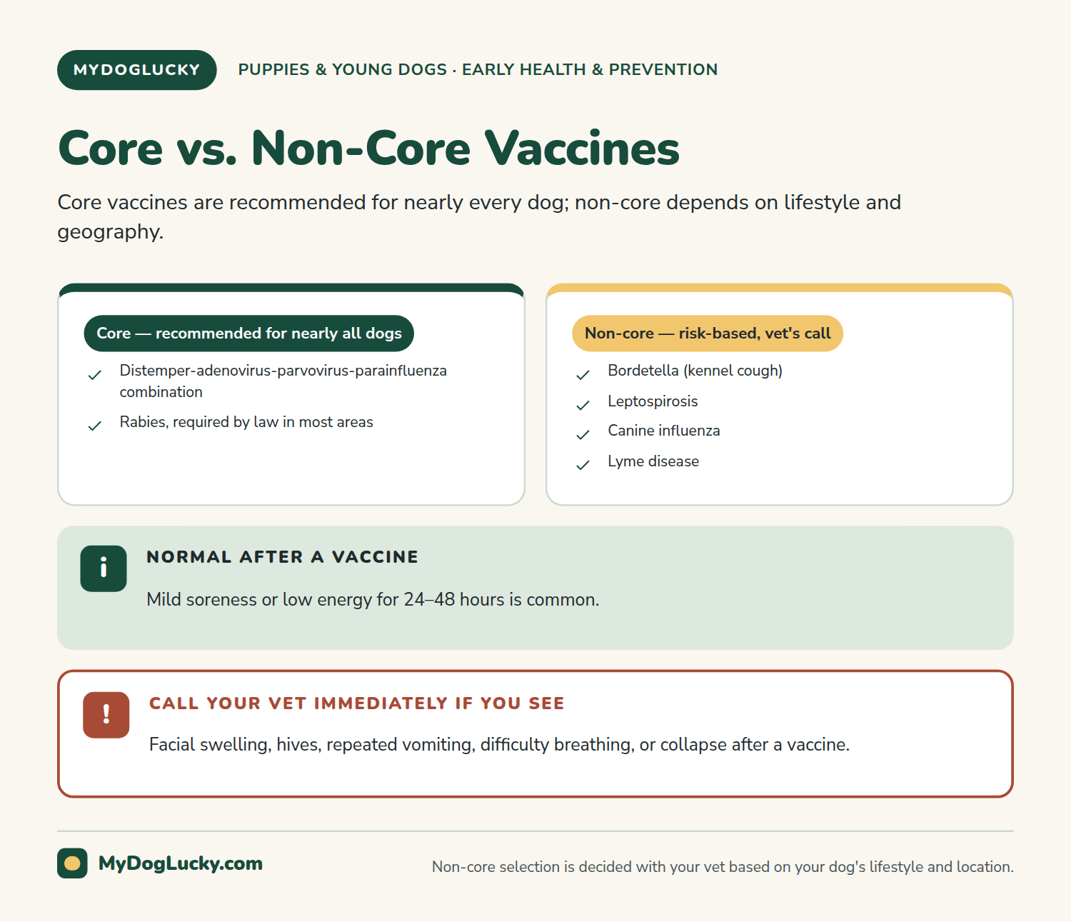 Puppy vaccination schedule infographic comparing core vaccines recommended for nearly all dogs, the combination vaccine and rabies, against non-core, risk-based vaccines including bordetella, leptospirosis, canine influenza, and Lyme, plus normal-reaction and emergency panels.
